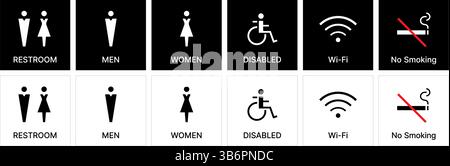 Modern vector pictogram icons for restroom, men, women, disabled access, stairs, wi-fi, cctv, elevator, and no smoking signs. Stock Vector