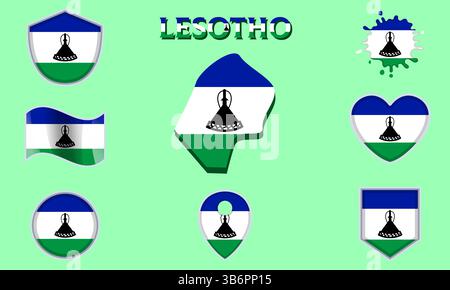 Collection of flags and coats of arms of Lesotho in flat style with map and text Stock Vector