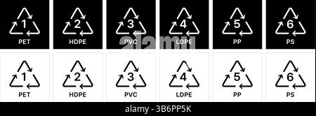Recycling codes 1 through 6 for various plastic types. Stock Vector