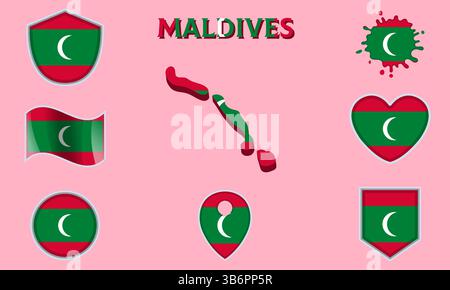 Collection of flags and coats of arms of Maldives in flat style with map and text Stock Vector