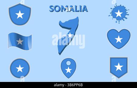 Collection of flags and coats of arms of Somalia in flat style with map and text Stock Vector