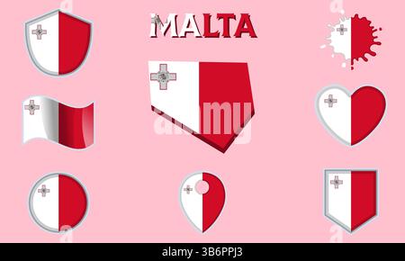 Collection of flags and coats of arms of Malta in flat style with map and text Stock Vector