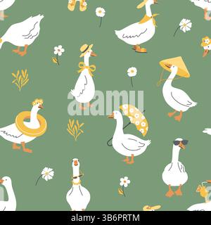 Cute geese seamless pattern on green background. Goose character vector illustration. Funny white ducks in summer style. Stock Vector
