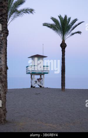 Lifeguard tower stands on a sandy beach at sunrise, flanked by two palm trees. Concepts calm, disposition, solitude, security, relaxation, travel or t Stock Photo