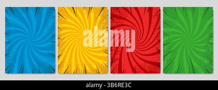 Vector illustration. Funny bright swirl stripes background. Retro comic empty colorful backgrounds set. Vintage design elements for poster, cover Stock Vector