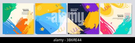 Vector illustration. Bright background. Paint brush strokes and hand drawn doodle elements. Trendy abstract color design for social media template Stock Vector