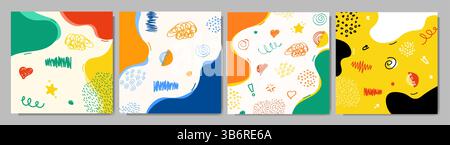 Vector illustration. Colorful childish background. Hand drawn memphis pattern doodle shapes and lines. Design elements for social media template Stock Vector