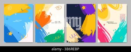 Vector illustration. Bright background. Paint brush strokes and hand drawn doodle elements. Trendy abstract color design for book cover, brochure Stock Vector