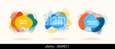 Vector illustration. Bright color dynamic banners set. Modern art graphic. Fluid shape frame with text, lines and halftone dots. Design element Stock Vector