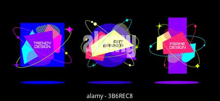 Vector illustration. Backgrounds set y2k style. Isolated polygonal shapes and lines. Color frame design elements for poster, cover, gift card, flyer Stock Vector