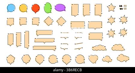 Vector illustration. Quote frames blank template set. Isolated text box in brackets. Citation empty speech bubbles. Color doodle hand drawn borders Stock Vector