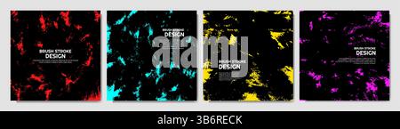 Vector illustration. Cool bright wallpapers with ink brush strokes mess. Hand drawn abstract color backgrounds set. Black and vibrant colors design Stock Vector