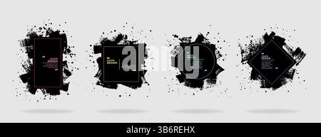 Vector background for text. Grunge banners set. Black paint. Ink brush stroke with geometric linear frame. Element for design poster, cover Stock Vector