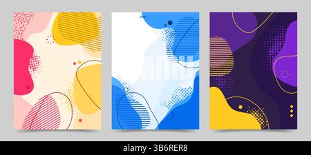 Vector illustration. Flat style banner template. Fluid shapes and lines with halftone dots background. Design elements for cover, brochure, magazine Stock Vector