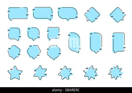 Vector illustration. Quote frames blank template set. Isolated text box in brackets. Citation empty speech bubbles. Geometric rounded linear borders Stock Vector