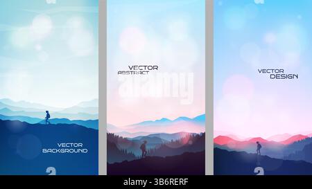 Vector illustration. Serene natural landscape with mountains, forests. Silhouette of a girl hiking. Concept of female outdoor adventure, trekking Stock Vector
