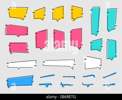 Vector illustration. Quote frames blank template set. Isolated text box in brackets. Citation empty speech bubbles. Geometric dynamic linear borders Stock Vector