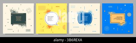 Vector illustration. Quote frames blank templates set. Text in brackets. Banners collection. Memphis pattern and geometry elements. Design elements Stock Vector