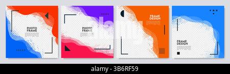 Vector illustration. Fluid motion concept. Abstract color frame set. Liquid wavy pattern with halftone dots and linear frame. Design element Stock Vector