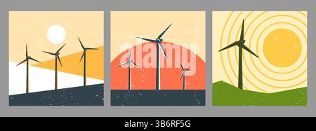Vector illustration. Mid century modern graphic. 70s retro funky style. Wind energy concept. Windmills landscape, sunset scene with grunge texture Stock Vector
