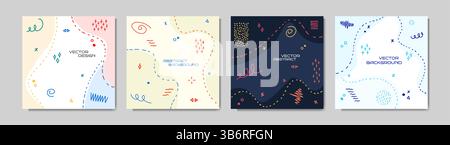 Vector illustration. Hand drawng memphis pattern elemetns and dotted lines. Doodle childish background. Design elements for web banner template Stock Vector