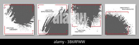 Vector illustration. Hand drawn abstract white color frame set. Ink brush strokes mess with halftone dotted texture. Design for social media template Stock Vector