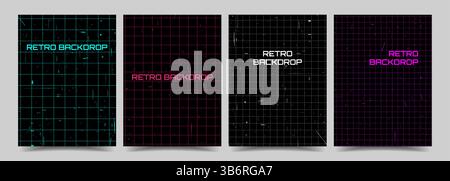 Vector illustration. Retro futuristic grid pattern with scratched texture background. Set of y2k style backdrops. Design elements for poster, cover Stock Vector