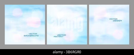 Vector illustration. Soft blue color clouds layer with bokeh lights on gradient background. Soft style backdrop. Realistic cloudy sky. Design Stock Vector