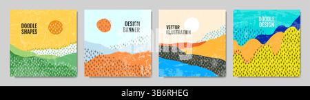 Vector illustration. Hand drawn backgrounds collection. Marker strokes. Hills with clear sky. Doodle childish landscape with line pattern shapes Stock Vector