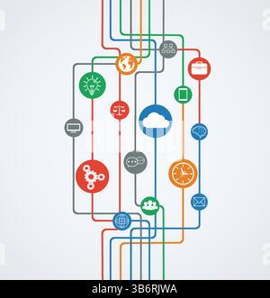 Network connections, information flow with icons. Stock Vector