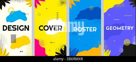 Vector illustration. Drawn abstract color memphis pattern background. Floral style flat style blotches, geometric lines, halftone dots Stock Vector