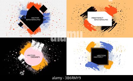 Vector illustration. Brush stroke frame for text. Modern Art graphics. Dynamic frame stylish geometric color background. Ink splash, halftone dots Stock Vector