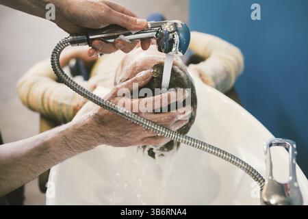 Barbershop theme. Hairdresser for washing hair in a barbershop. Hands male hairdresser close-up washes hair with foam and shampoo Caucasian man with b Stock Photo