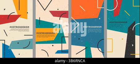 Vector illustration. Geometric shapes and lines composition backgrounds set. Dynamic abstract flat mid-century design template of leaflet, coupon Stock Vector