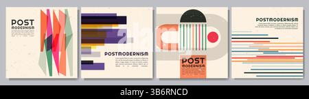 Vector illustration. Geometric shapes in postmodern style. Dynamic abstract flat mid-century design template of square web banner, blog post, ads Stock Vector