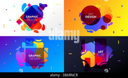 Vector illustration. Abstract color liquid shape banner set. Twisted shapes horizontal composition. Design element for web banner, website template Stock Vector