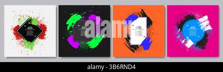 Vector frame for text. Modern Art graphics. Dynamic frame stylish geometric color background. Brush stroke ink splash with halftone dots Stock Vector