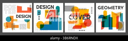 Vector illustration. Geometric shapes in postmodern style. Dynamic abstract flat mid-century design template of square web banner, blog post, Stock Vector