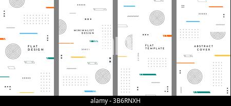 Vector illustration. Abstract vibrant color background set. Cool bright minimalist wallpapers with flowing lines, dots and memphis pattern elements Stock Vector