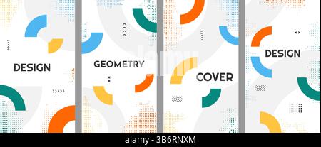 Vector illustration. Abstract vibrant color vertical background set. Cool bright wallpapers with semi circle shapes, halftone dots, memphis pattern Stock Vector