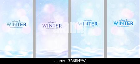 Vector illustration. Flat landscape. Snowy landscape background. Clear blue sky. Blizzard. Cold weather. Winter season. Empty template design Stock Vector
