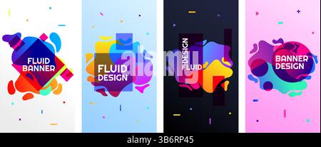 Vector illustration. Abstract liquid shape banner set. Twisted shapes composition. Design element for flyer, leaflet, voucher, coupon. Colorful fluid Stock Vector