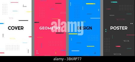 Vector illustration. Abstract vibrant color background set. Cool bright minimalist wallpapers with flowing lines, dots and memphis pattern elements Stock Vector