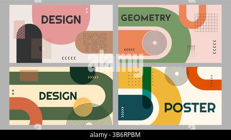 Vector illustration. Geometric shapes vintage style. Dynamic abstract flat mid-century. Design elements of web banner, website template, wallpaper Stock Vector