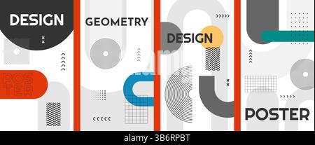 Vector illustration. Geometric shape and lines composition backgrounds set. Dynamic abstract flat mid-century design template of leaflet, coupon Stock Vector