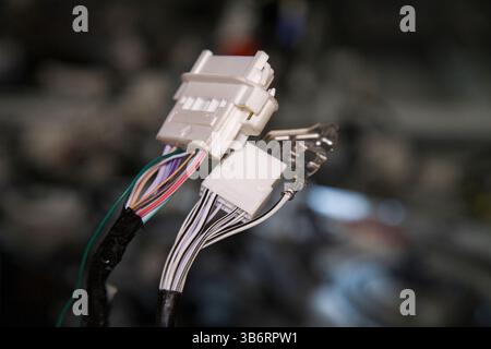 Close-up of automotive wiring connectors with multicolored wires Stock Photo