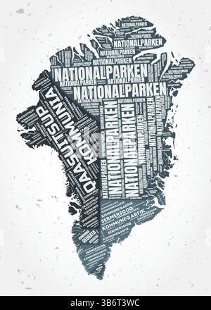 Greenland regions word clouds. Country shape on textured background. Greenland design in typographic style. Creative vector illustration. Stock Vector