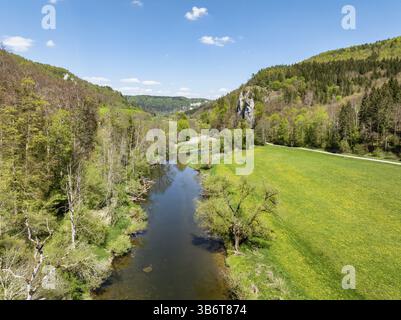 Aerial view, upper Danube valley, Beuron monastery on the horizon, Tuttlingen district, Baden-Wuerttemberg, Germany, Europe Stock Photo