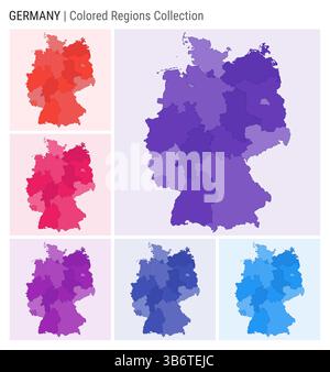 Germany map collection. Country shape with colored regions. Deep Purple, Red, Pink, Purple, Indigo, Blue color palettes. Stock Vector