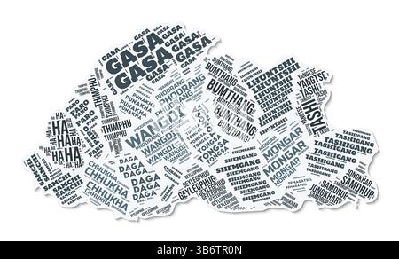 Bhutan shape text cloud. Country border with shadow on white background. Bhutan with regions division in vintage gazette style. Stock Vector